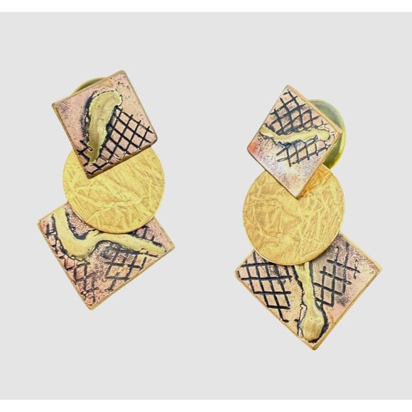 Artisan Abstract Geometric Mixed Metal Earrings With Post Back - Picture 1 of 5